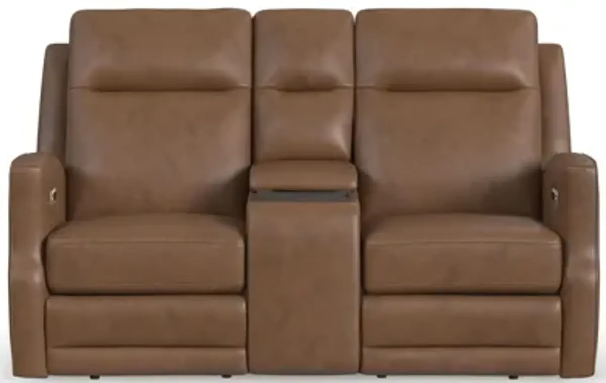 Maxwell Cedar Leather Power Reclining Loveseat with Console