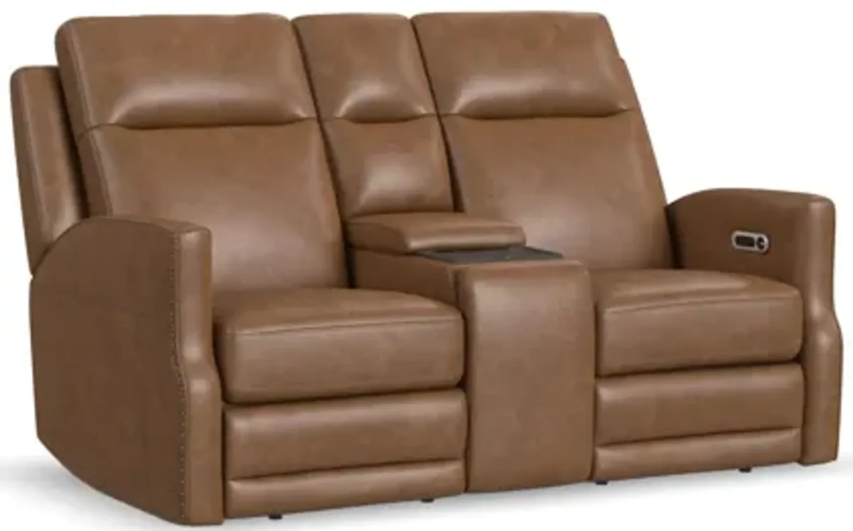 Maxwell Cedar Leather Power Reclining Loveseat with Console