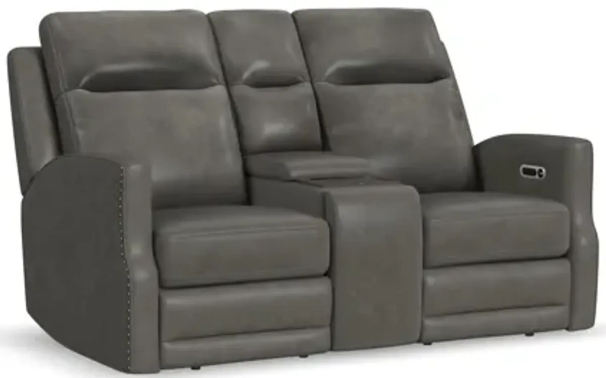Maxwell Cinder Leather Power Reclining Loveseat with Console