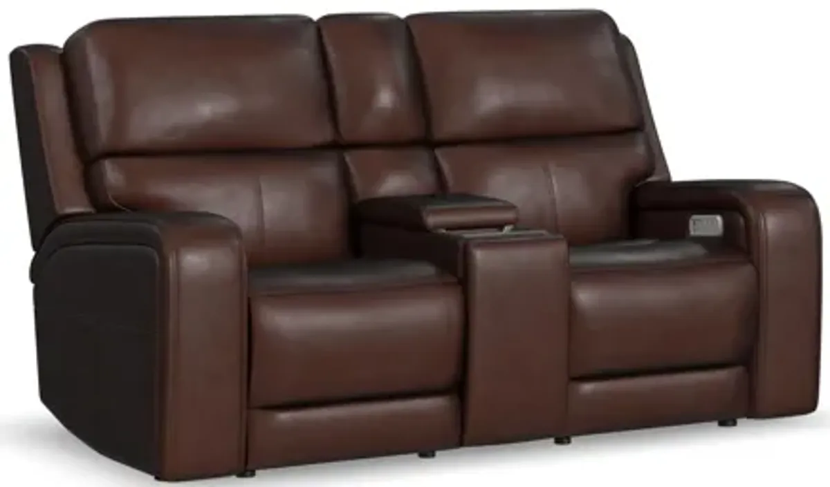Oasis Truffle Leather Power Reclining Loveseat with Console