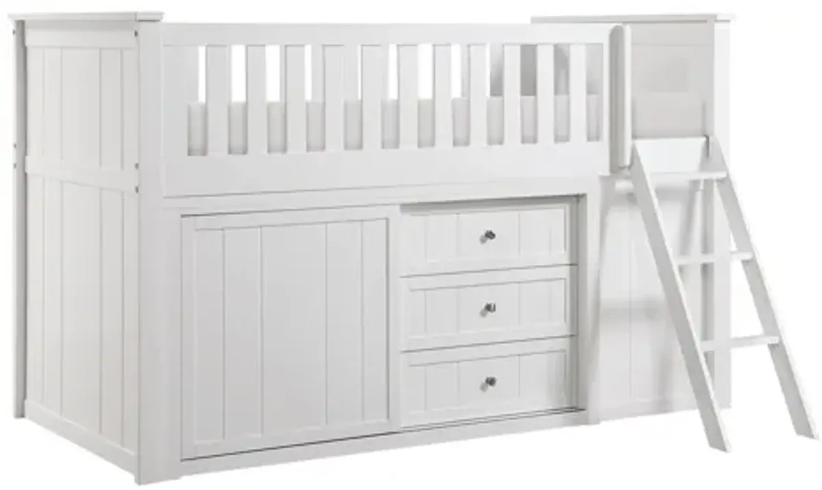 Galen White Low Loft Bunk with Bookcase and 2 Dressers