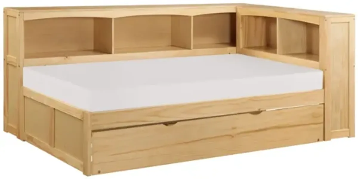 Bartly Natural Pine Twin Bookcase Corner Platform Bed with Trundle