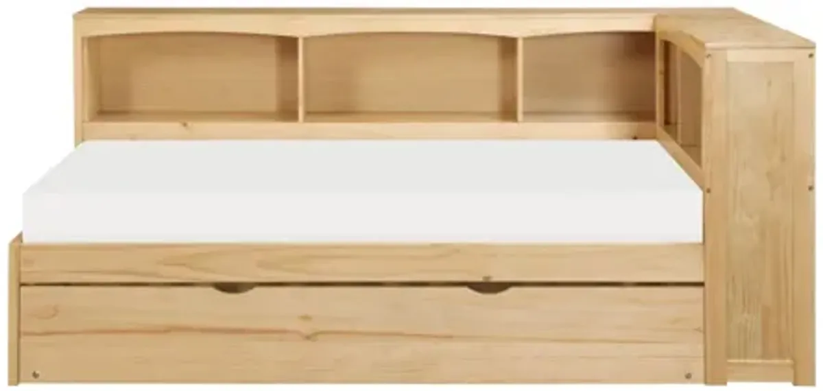 Bartly Natural Pine Twin Bookcase Corner Platform Bed with Trundle