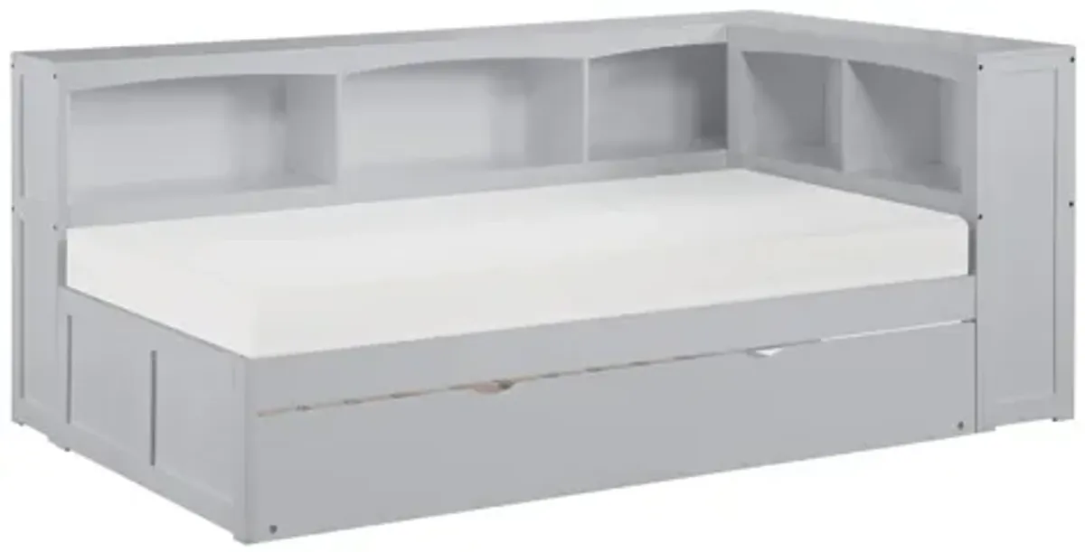 Orion Gray Twin Bookcase Corner Platform Bed with Trundle