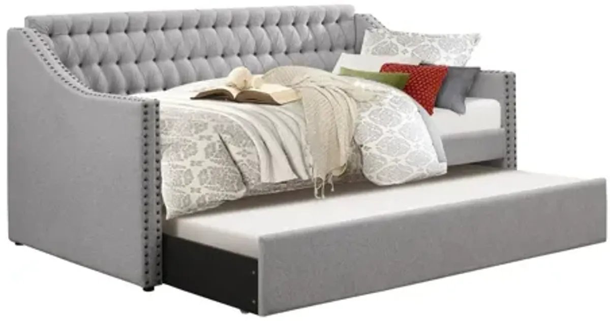 Tulney Button-tufted Nailhead Daybed with Trundle - Gray