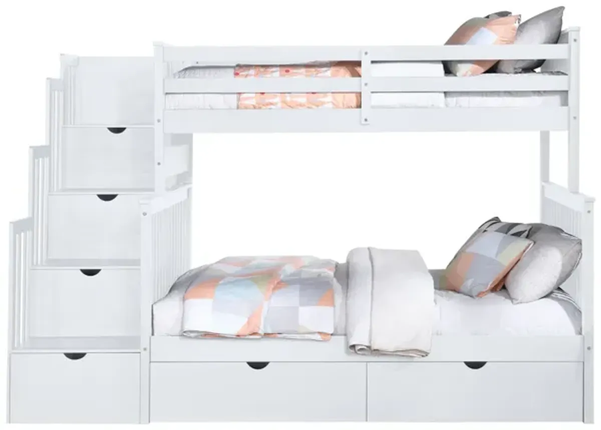 Ludville Twin/Full Stairway Bunk Bed with Storage Drawers - White Finish