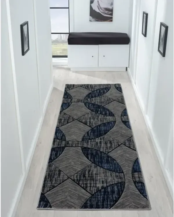 MDA Rugs Alexia Collection Design 08 Gray/Blue/Black Runner Rug - 2'8" x 8'1"
