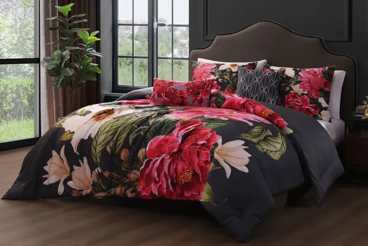 Flower Garland 5 Piece 100% Cotton Reversible Comforter Set - Queen