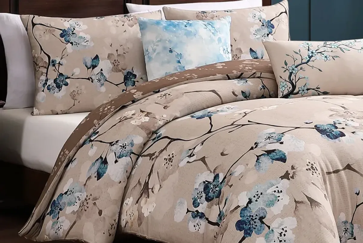 Blue Blossom 5 Piece 100% Cotton Reversible Comforter Set - Queen