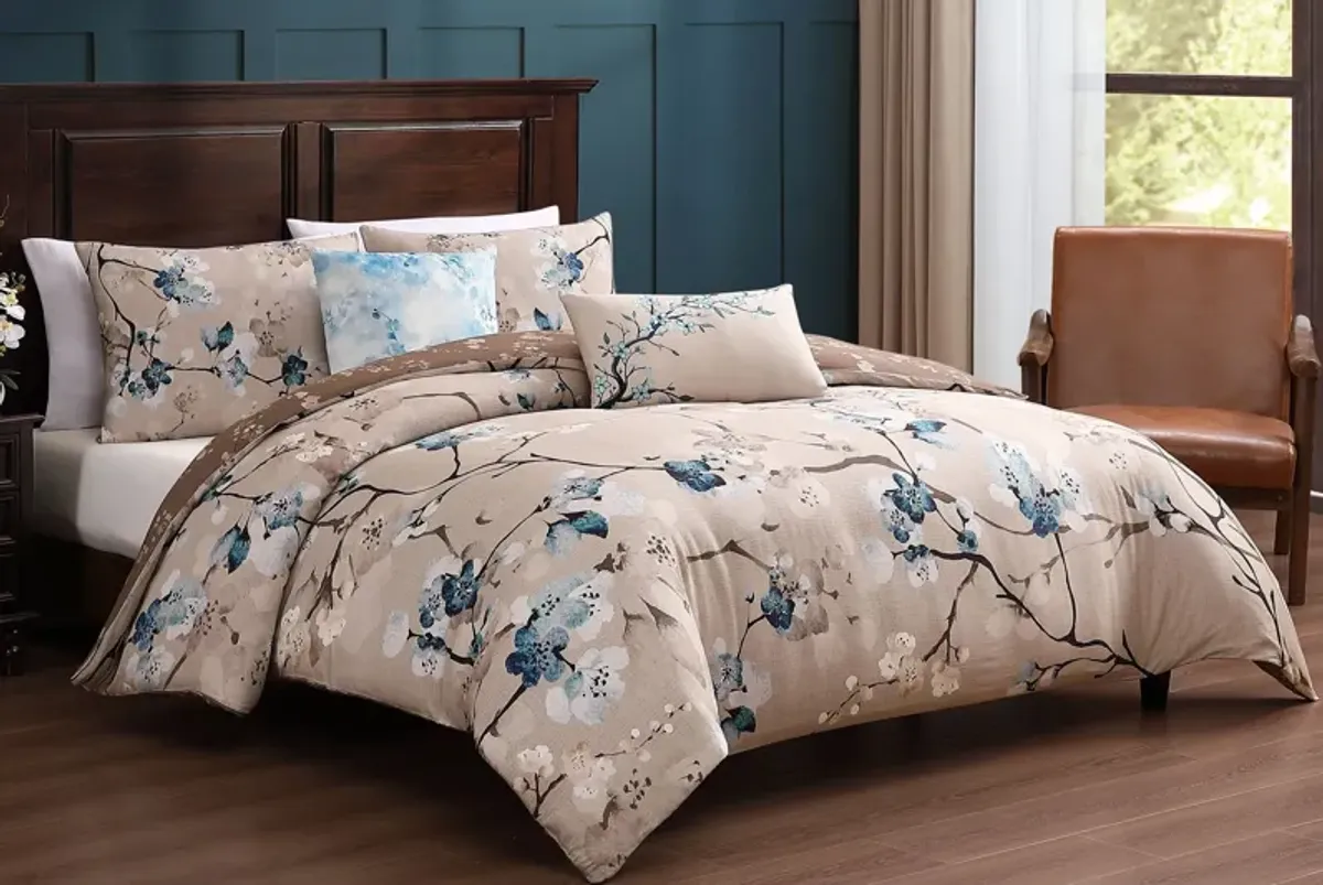 Blue Blossom 5 Piece 100% Cotton Reversible Comforter Set - King