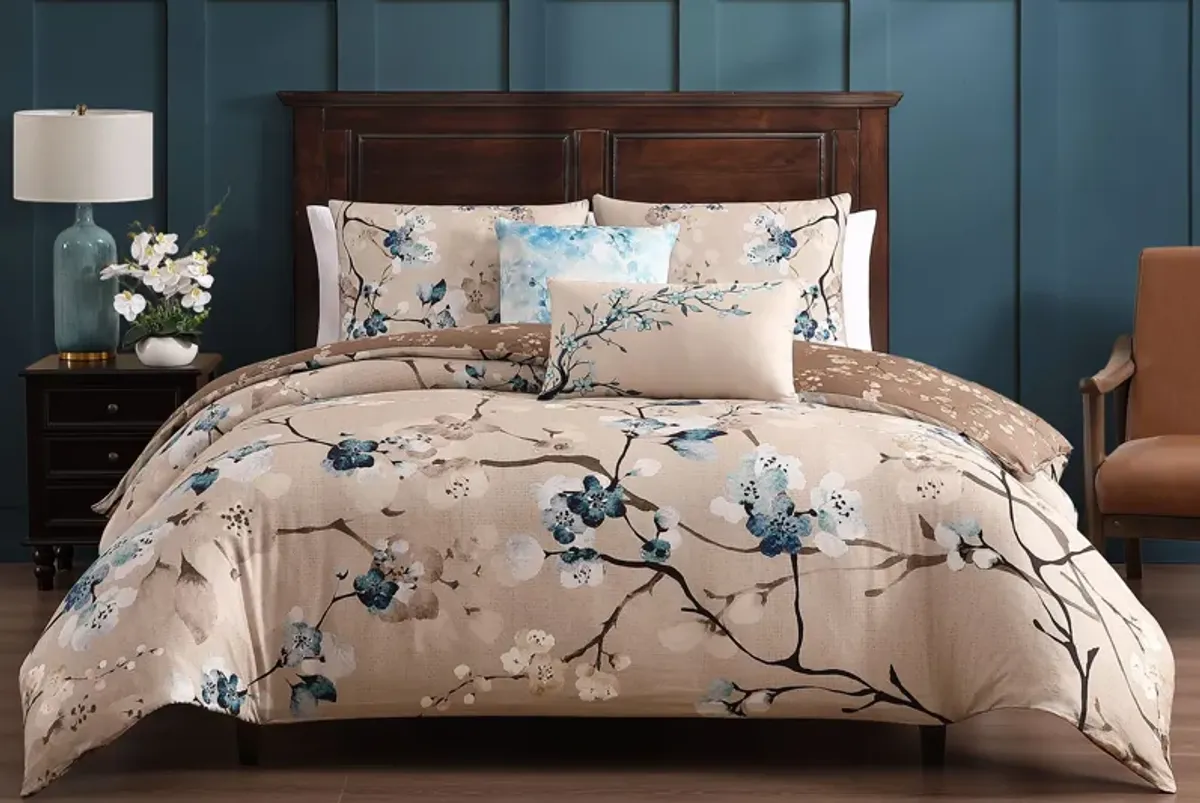 Blue Blossom 5 Piece 100% Cotton Reversible Comforter Set - King