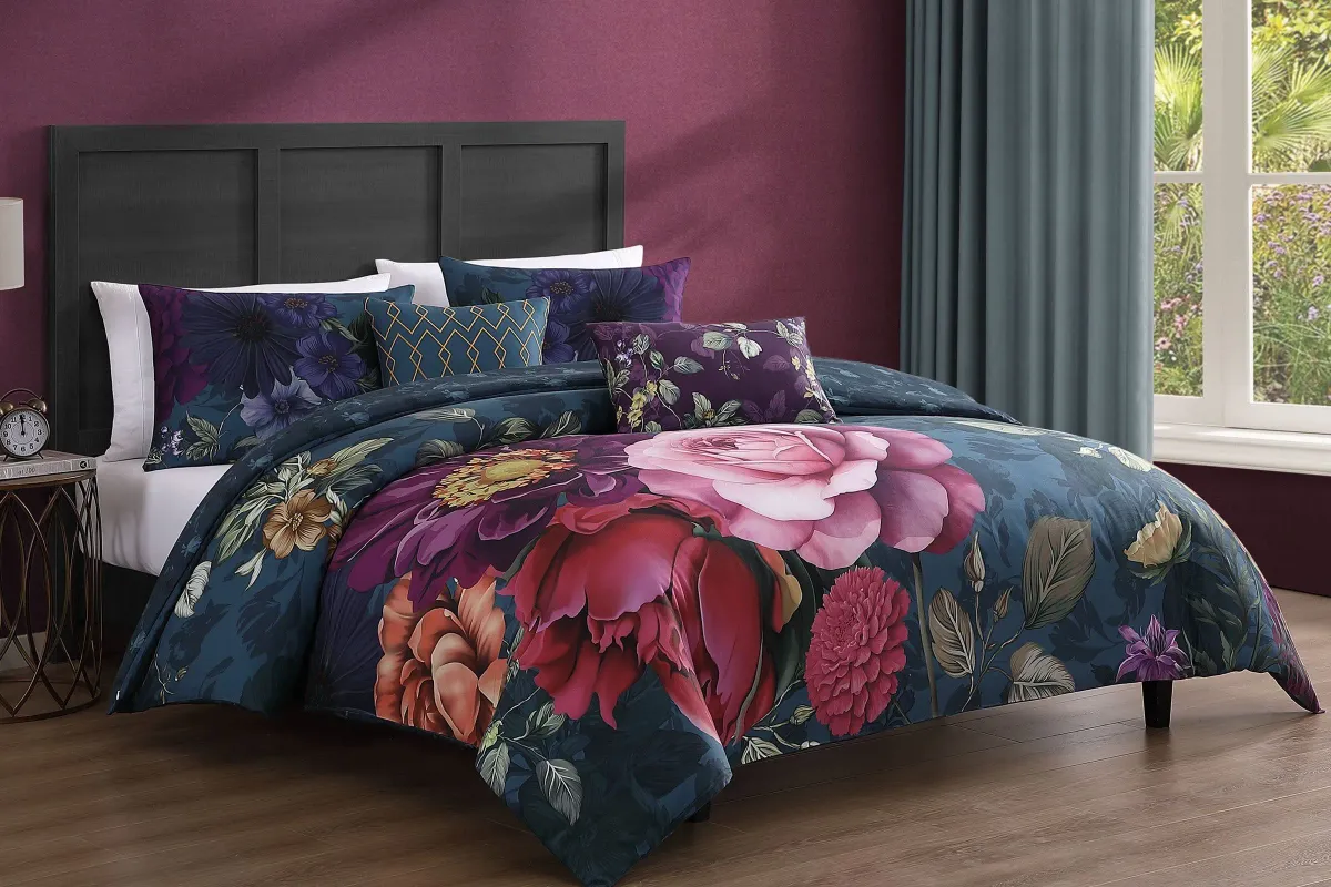 Vibrant Flora 5 Piece 100% Cotton Reversible Comforter Set - Queen