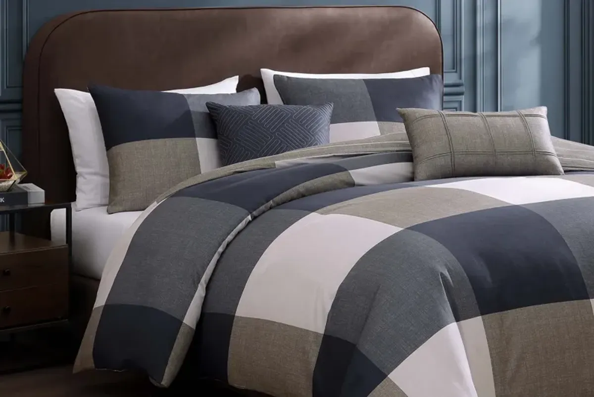 Checkered Navy 5 Piece 100% Cotton Reversible Comforter Set - King