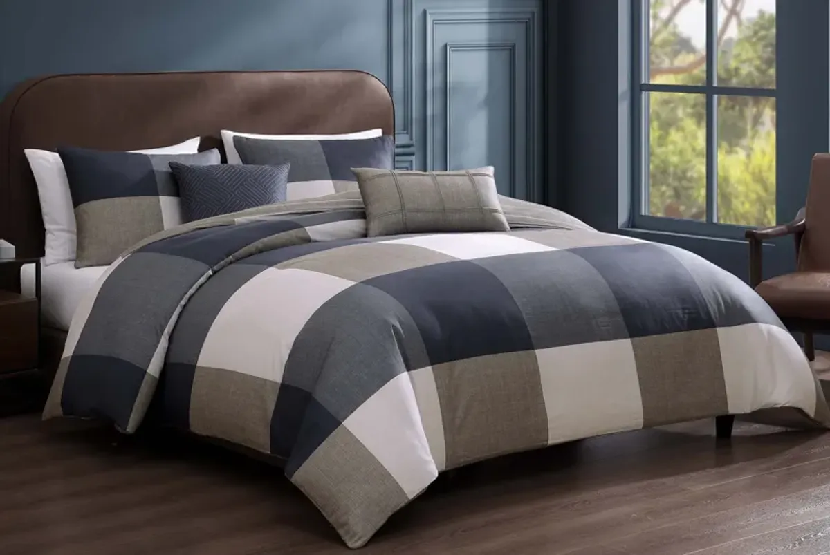 Checkered Navy 5 Piece 100% Cotton Reversible Comforter Set - King