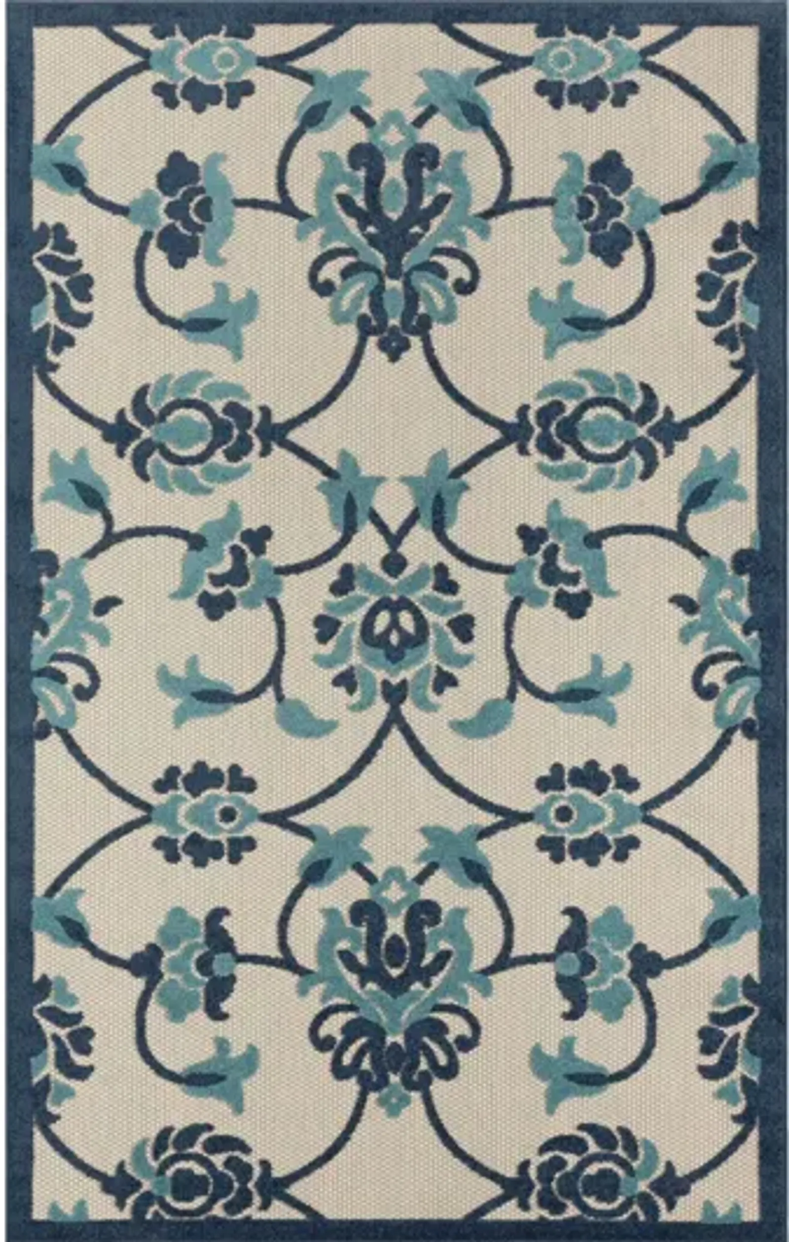 Copa Cabana Navy Blue and Beige Floral 5' X 8' Outdoor Rug
