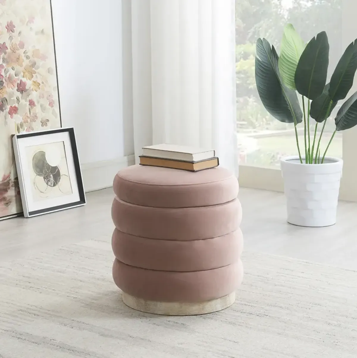 Piper Channel Storage Ottoman - Blush Pink