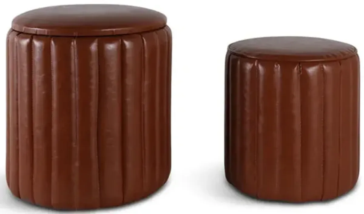 Channeled Leather Set Of 2 Ottomans