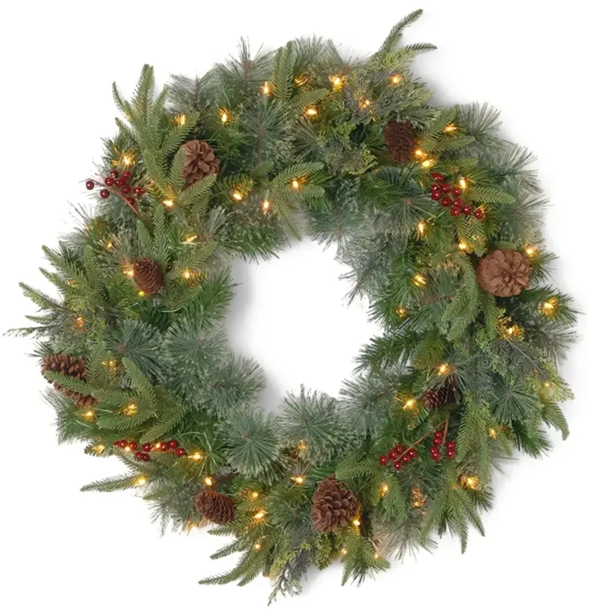 Cashmere Pine 30  Pre-Lit Wreath With Red Berries And Pine Cones