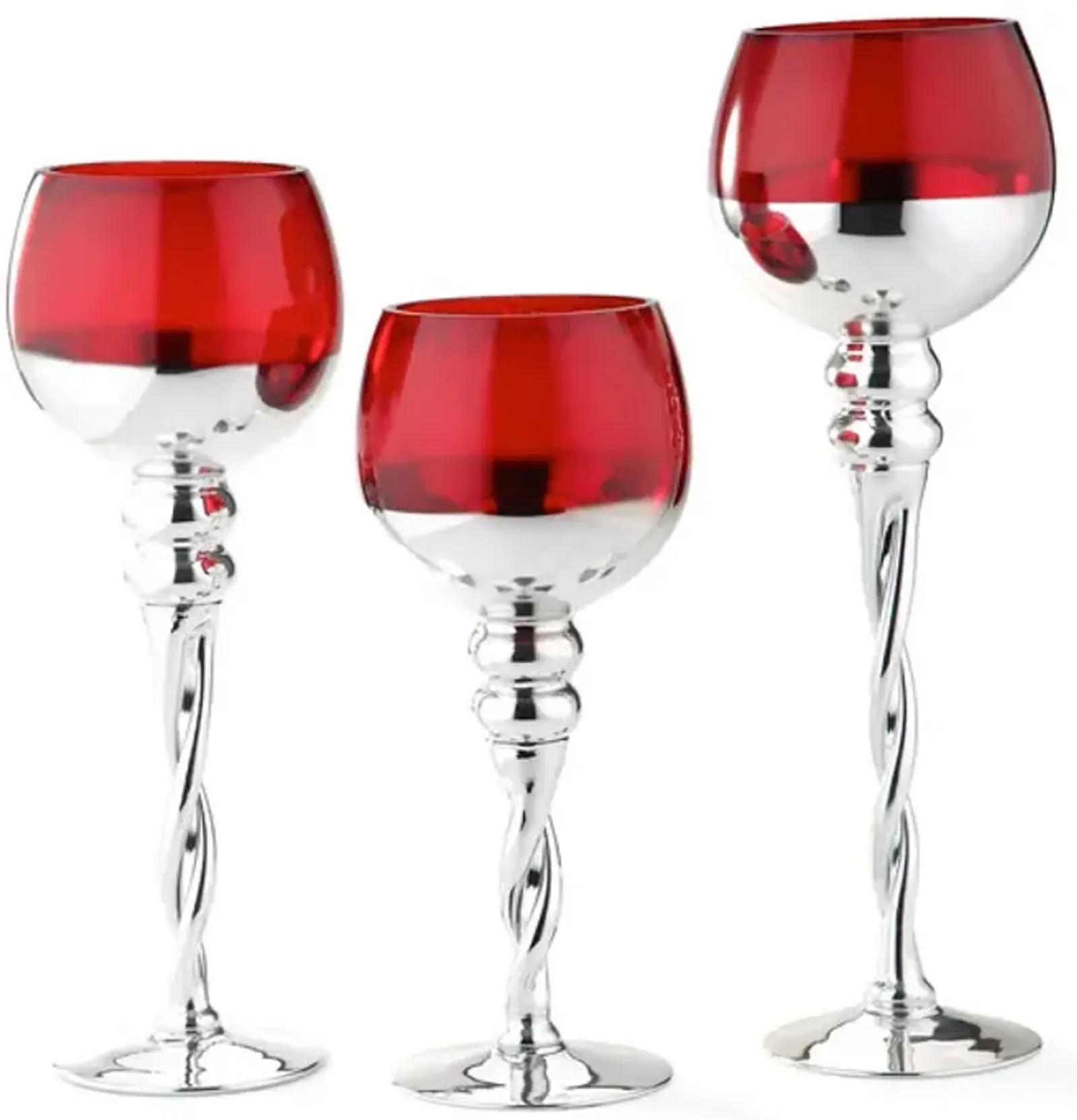 Candle Goblet 3pc Set - Red And Silver