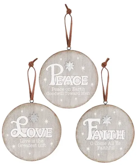 Grey Wood Disc w Sayings Ornament