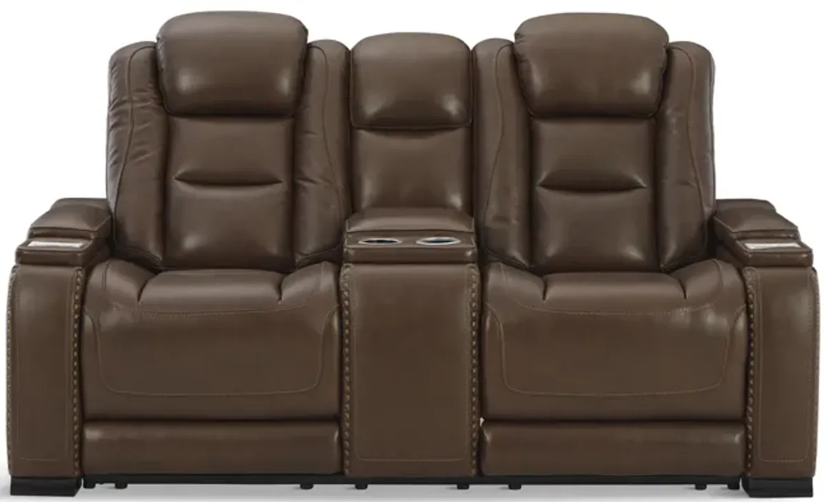 Rigel Leather Power Reclining Loveseat with Console - Mahogany