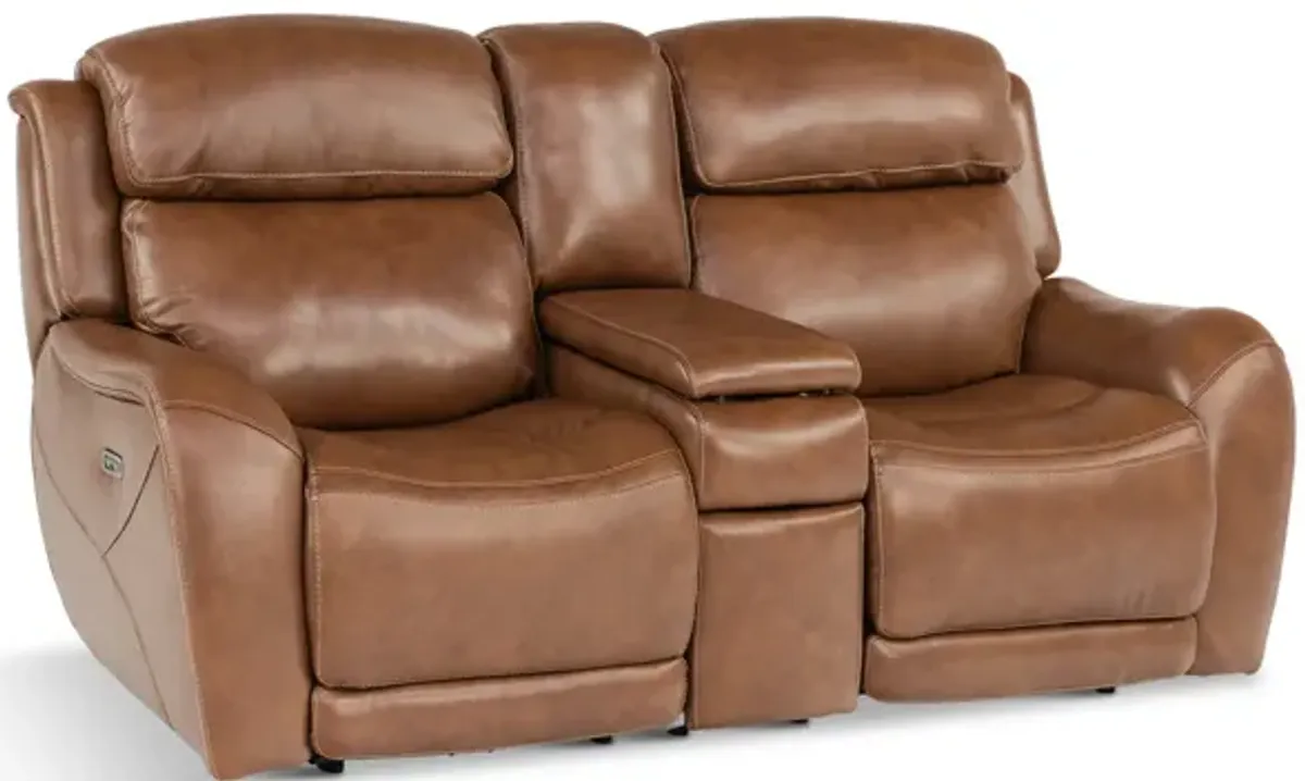 Saddle Leather Power Reclining Loveseat With Console