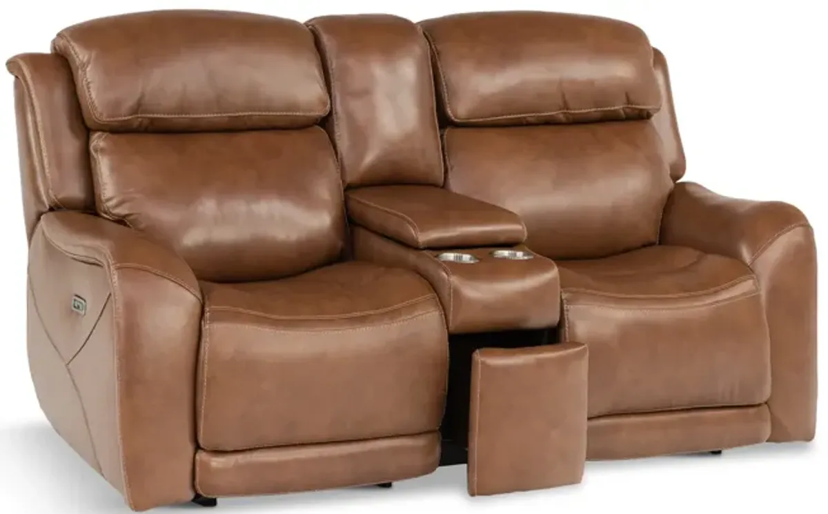 Saddle Leather Power Reclining Loveseat With Console