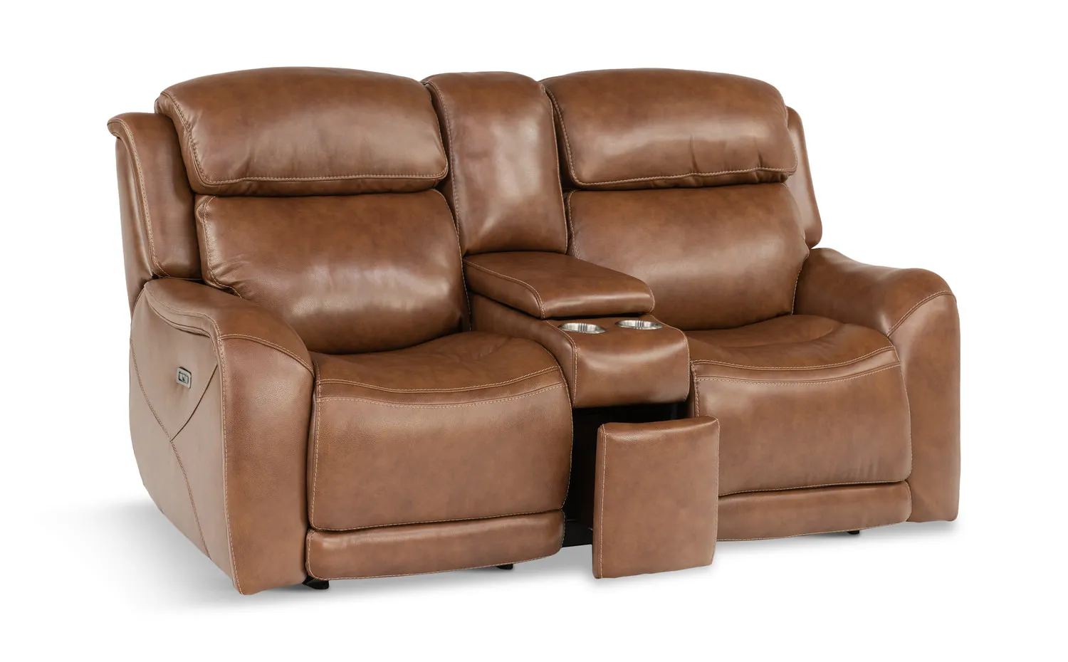 Saddle Leather Power Reclining Loveseat With Console