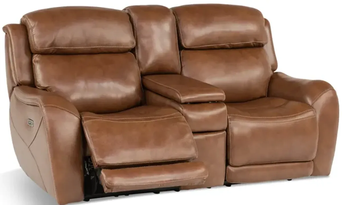 Saddle Leather Power Reclining Loveseat With Console