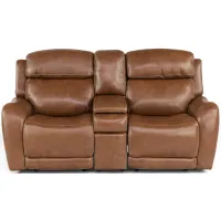 Saddle Leather Power Reclining Loveseat With Console