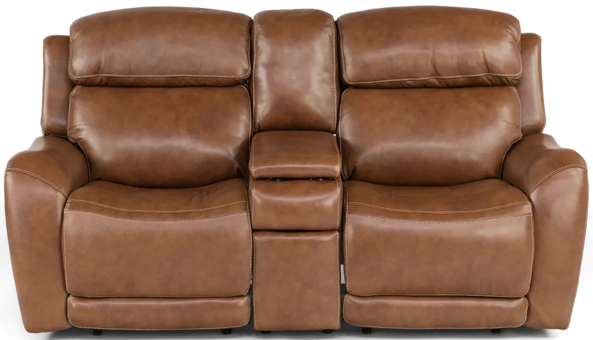 Saddle Leather Power Reclining Loveseat With Console