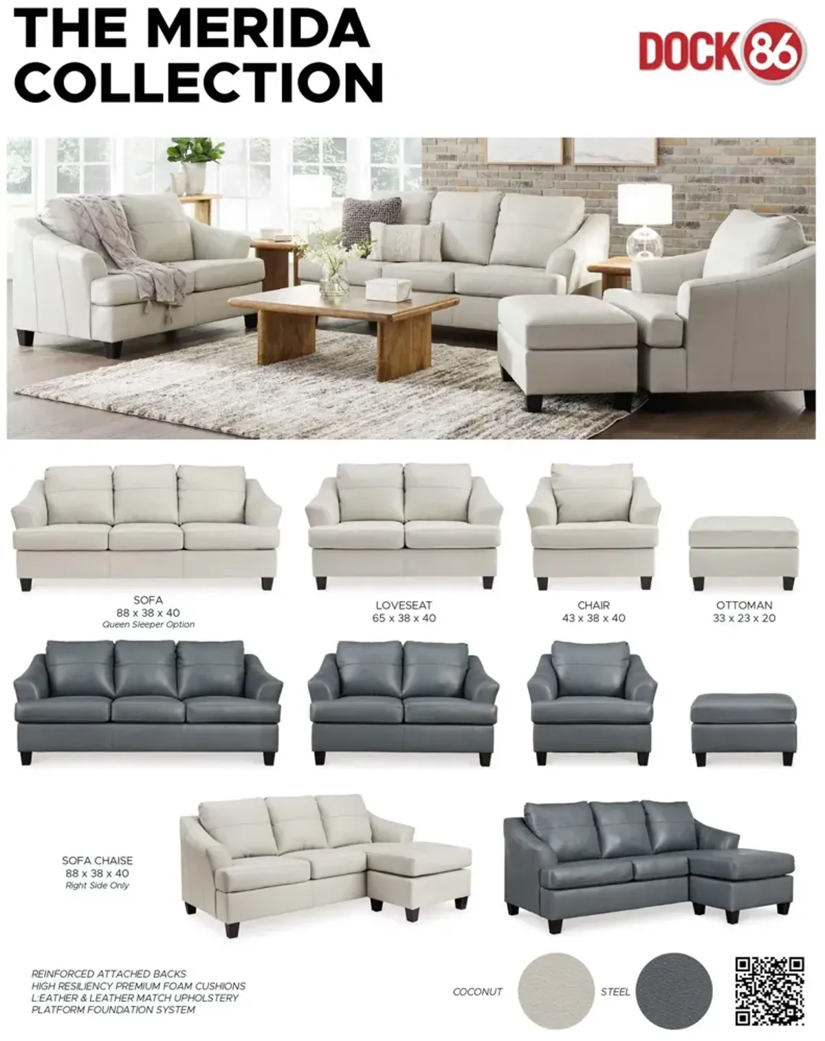 Merida Leather Sofa with Chaise - Steel