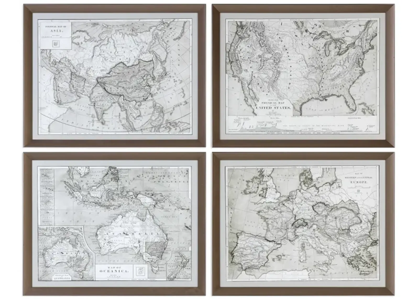 World Maps Framed Prints - Set of 4