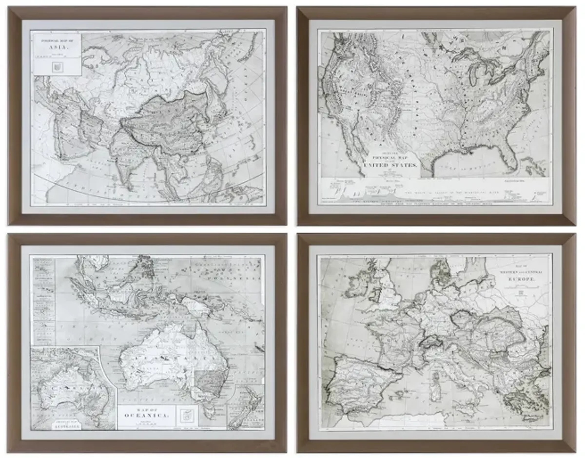 World Maps Framed Prints - Set of 4