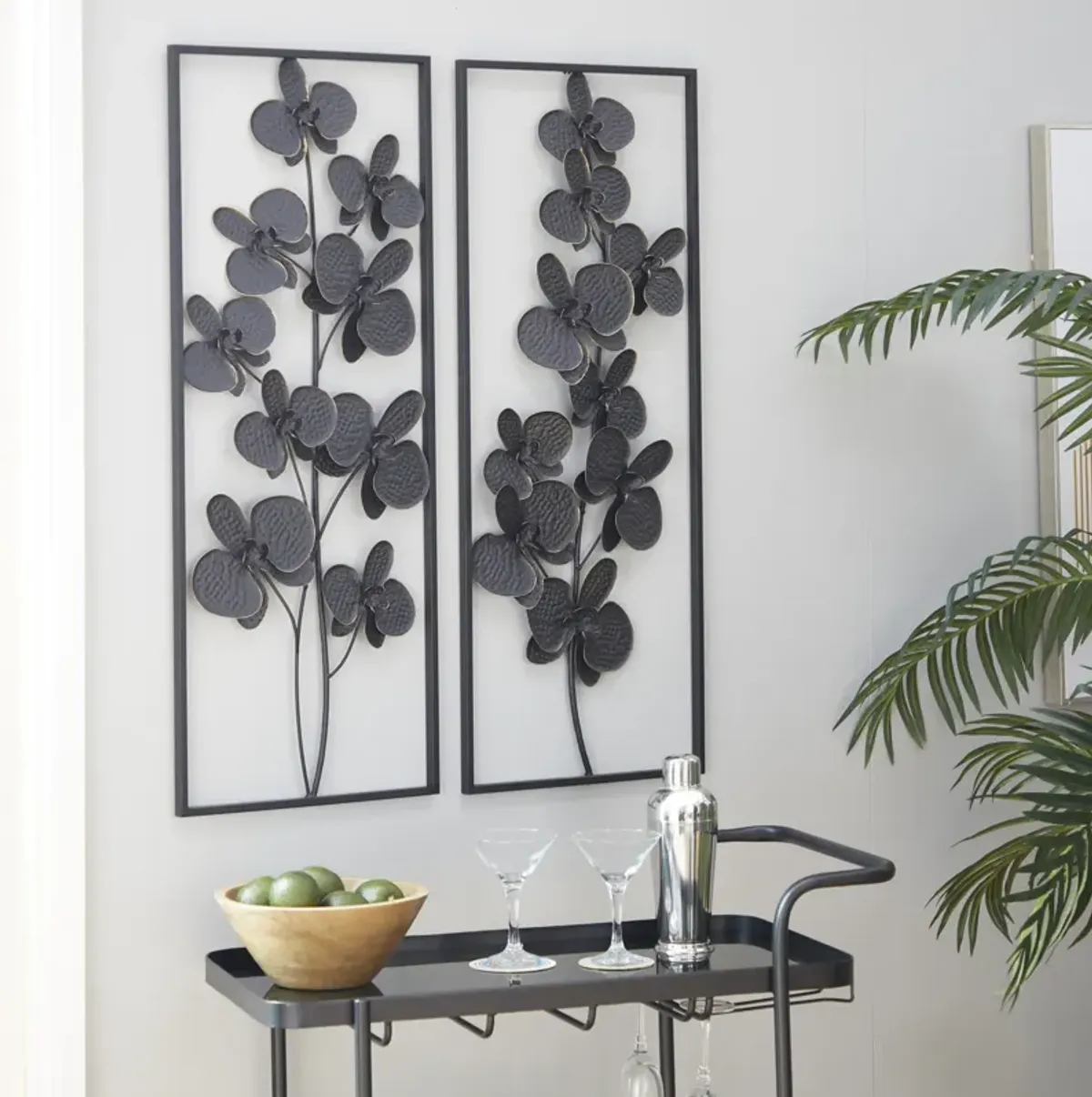 Set 2 Framed Metal Floral Panels