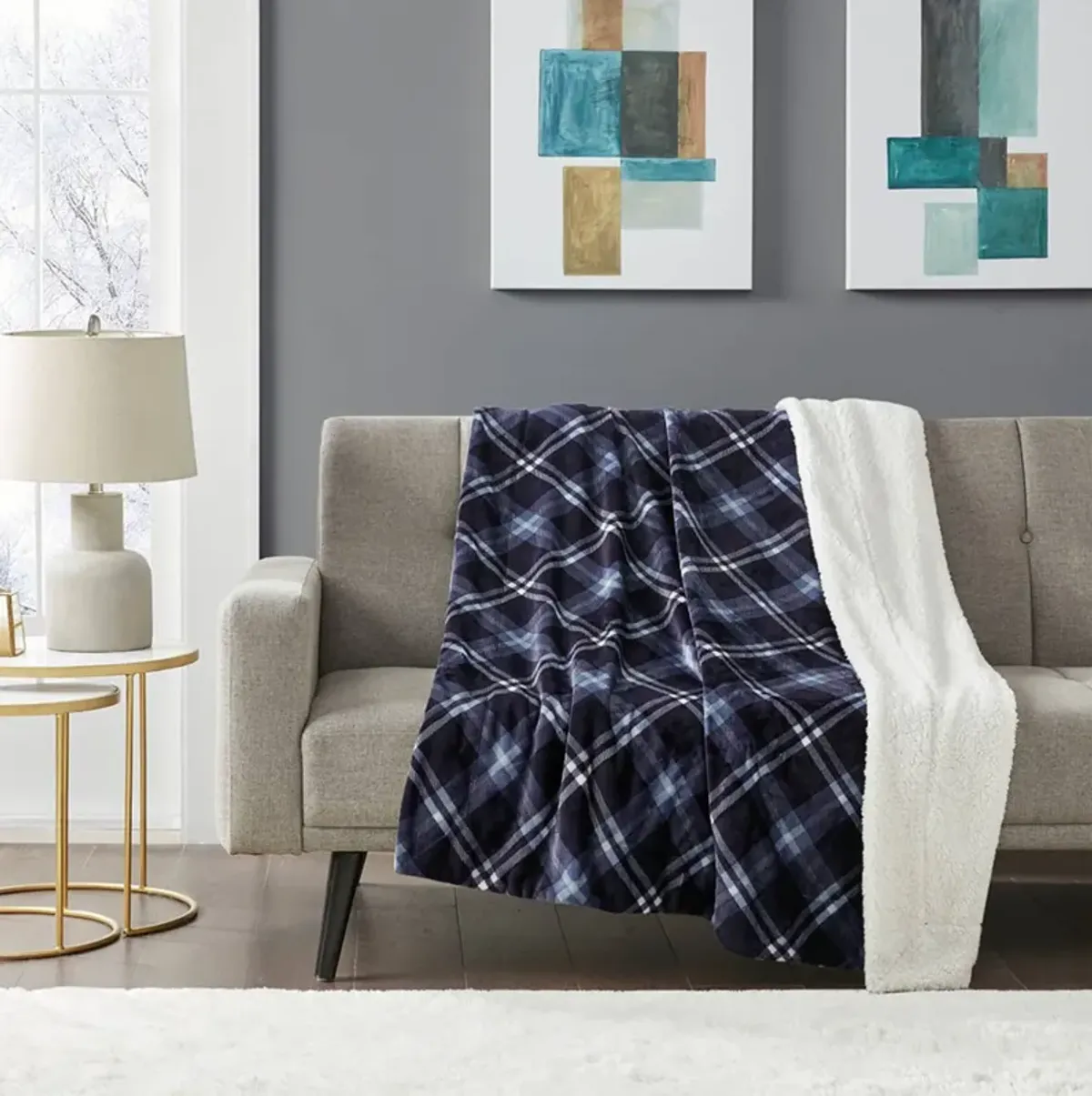 Blue Plaid Sherpa Throw