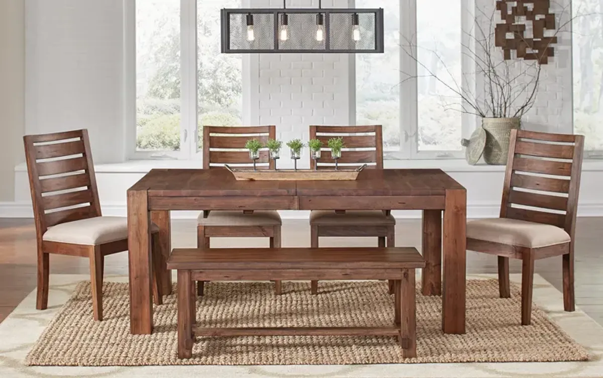 Emerson Solid Mahogany Salvage Leg Table With 4 Chairs And Bench