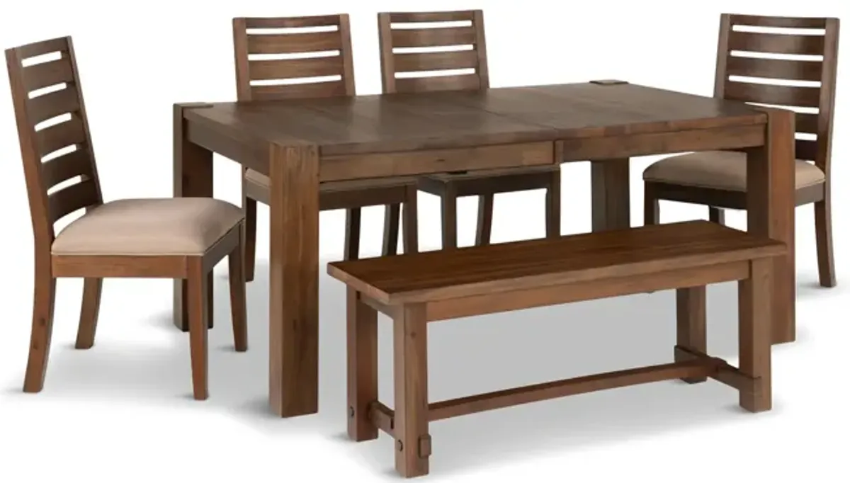Emerson Solid Mahogany Salvage Leg Table With 4 Chairs And Bench