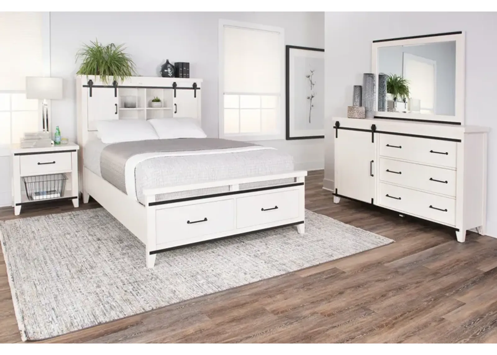 Urban Barn Queen Bookcase Storage Bedroom Suite With 1 Drawer Nightstand - White