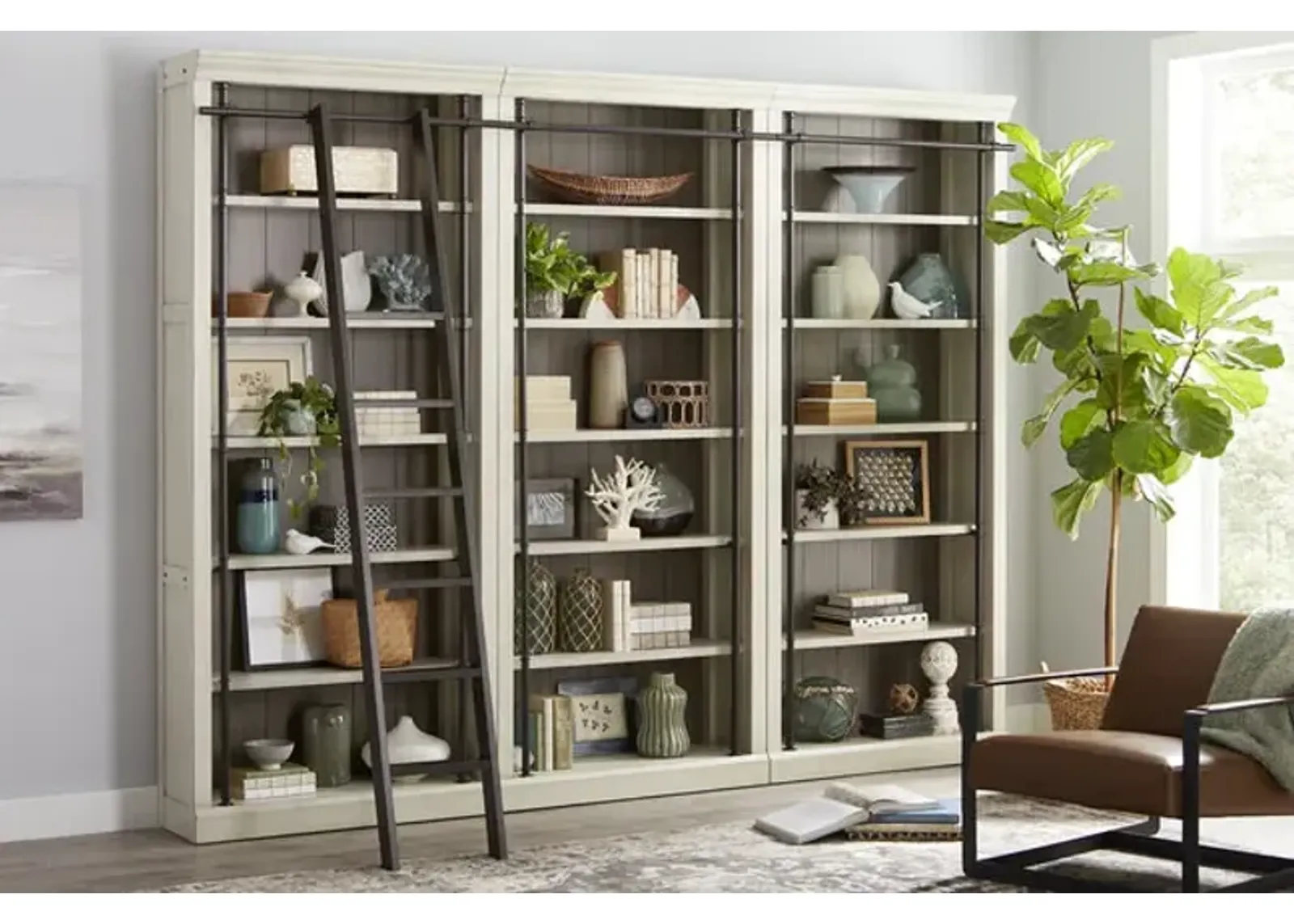 Redmond Linen Bookcase Wall With Decorative Ladder