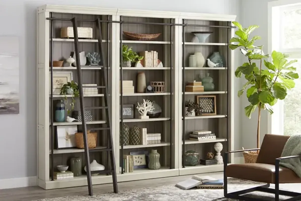 Redmond Linen Bookcase Wall With Decorative Ladder