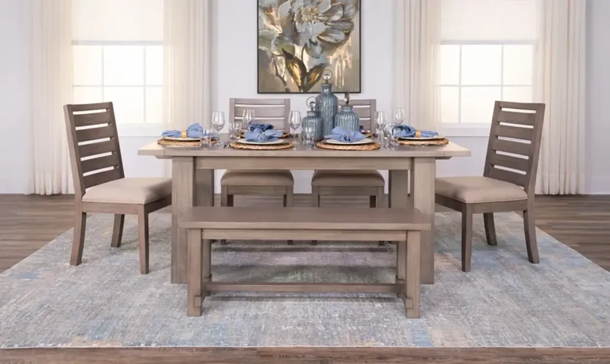 Emerson Solid Mahogany Dark Taupe Trestle With 4 Chairs And Bench