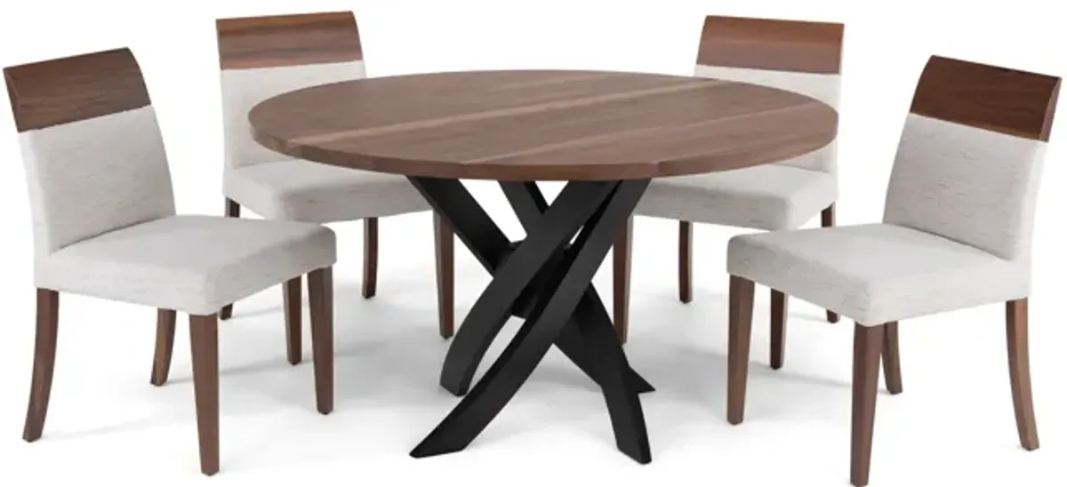 Le Noyer 54  Round Walnut Table With 4 Upholstered Chairs