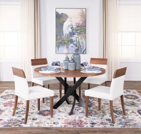 Le Noyer 54  Round Walnut Table With 4 Upholstered Chairs