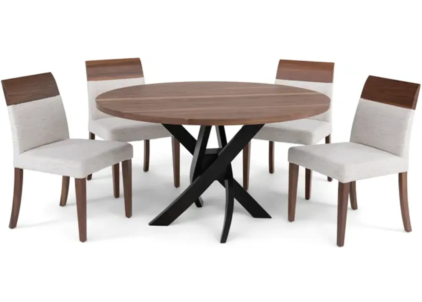 Le Noyer 54  Round Walnut Table With 4 Upholstered Chairs