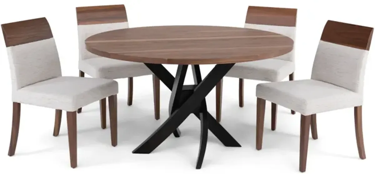 Le Noyer 54  Round Walnut Table With 4 Upholstered Chairs