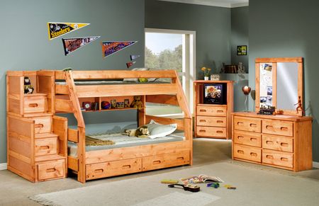 Bunkhouse High Sierra T F Bunk Bed With Stairway Chest - Cinnamon