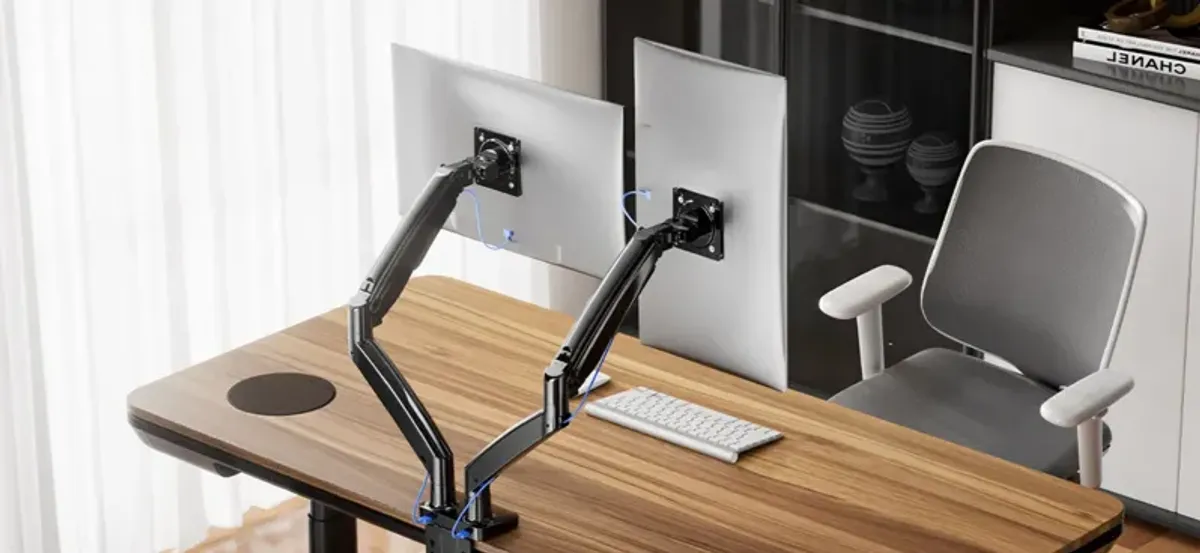 Ergo Office Motion Power Desk With Dual Arm Monitor Mount