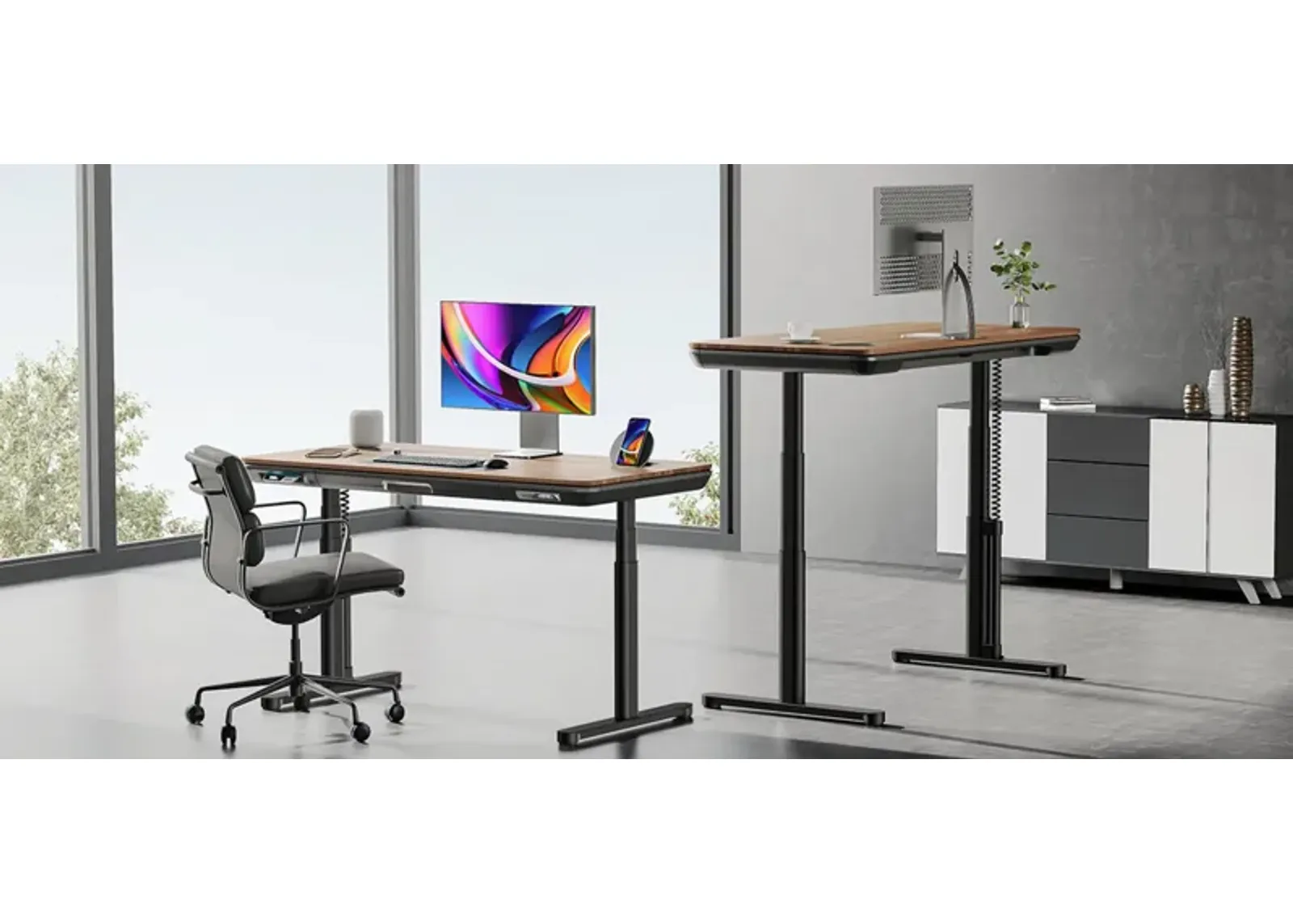 Ergo Office Motion Power Desk With Dual Arm Monitor Mount