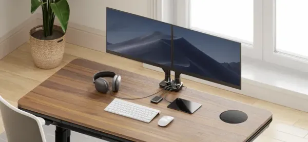 Ergo Office Motion Power Desk With Dual Arm Monitor Mount